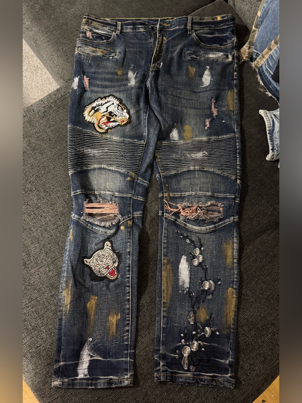 Fashion Nova Distressed Straight Jeans with Embroidered Patches